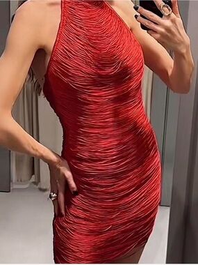 Zara Red Textured Halter Mini Dress